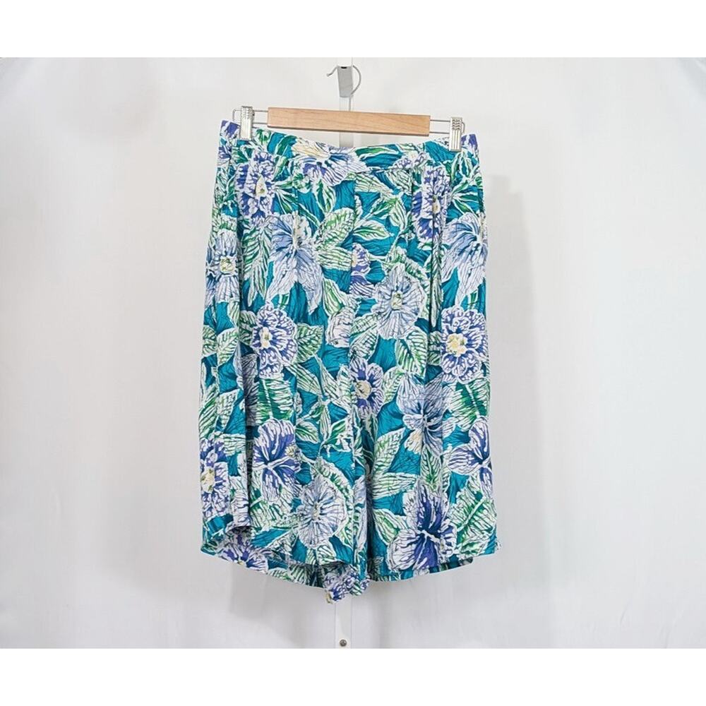 Vintage 90s Shorts Teal Green Floral Print Pleated Front Women's Size 14